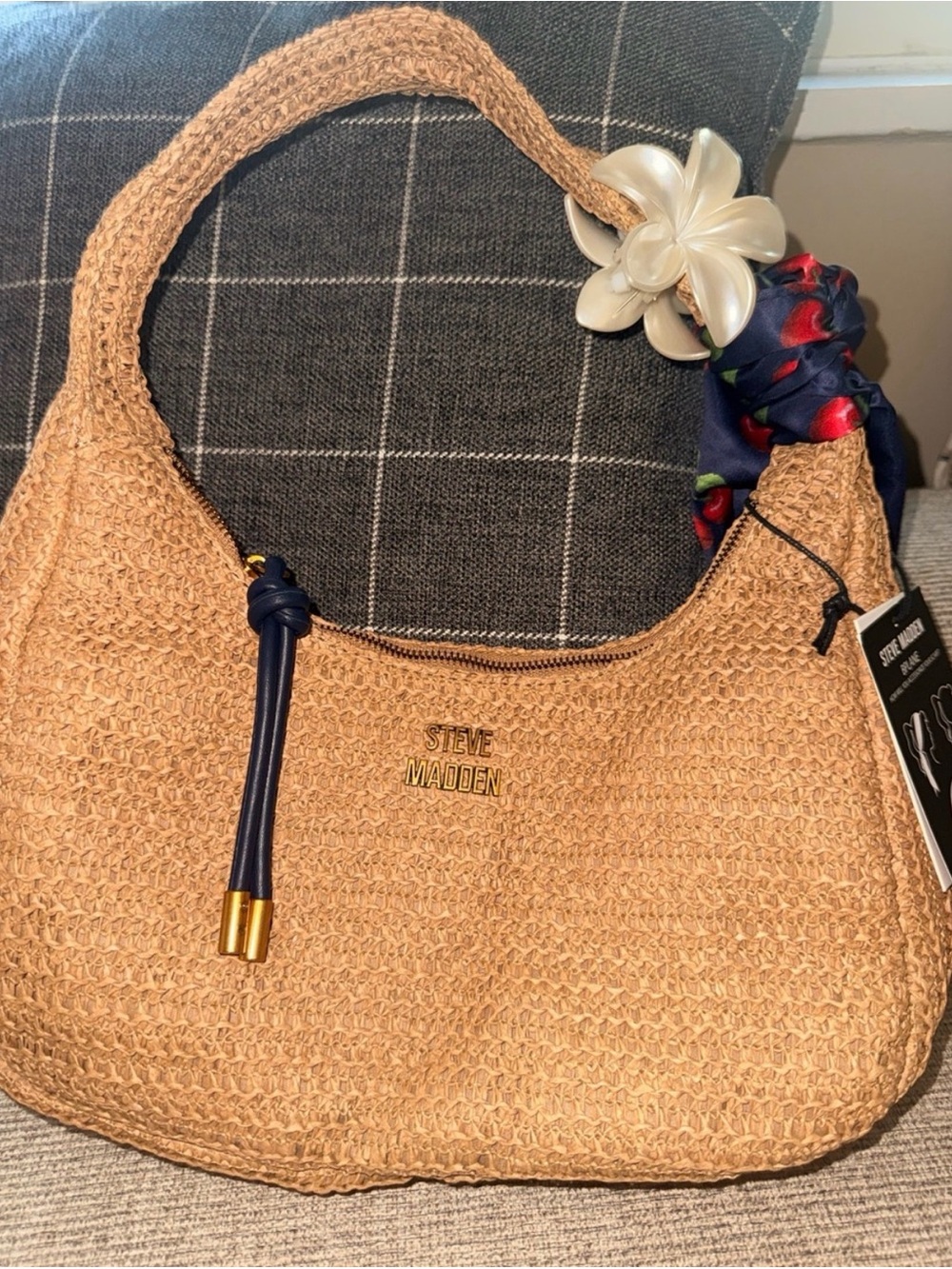 Steve Madden Tan Woven Shoulder Bag with Navy Tassel